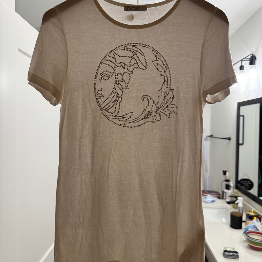 Women’s Gianni Versace Cream/White Rhinestone Medusa Tee Sz 42